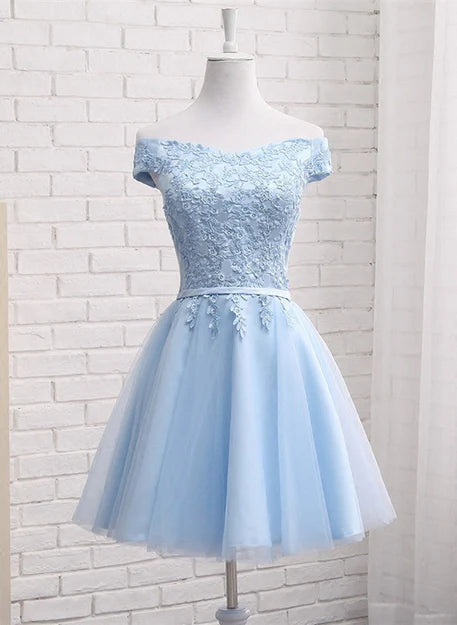 Luolandi Beautiful Light Blue Off Shoulder Tulle Party Dress Homecoming Dress with Appliques